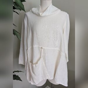 LUUKAA Women's White Linen Top Loose Turtleneck Blouse US M